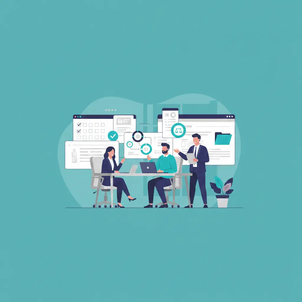 Tres profesionales del sector legal trabajando de forma colaborativa con herramientas digitales y software de gestión en una oficina moderna