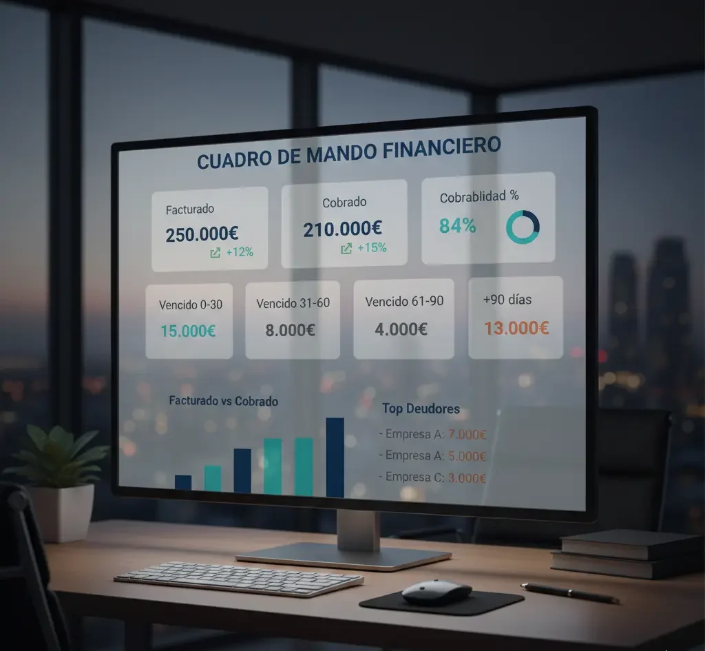 Monitor en un despacho moderno mostrando un cuadro de mando financiero con KPIs de facturación, cobros y deuda vencida.