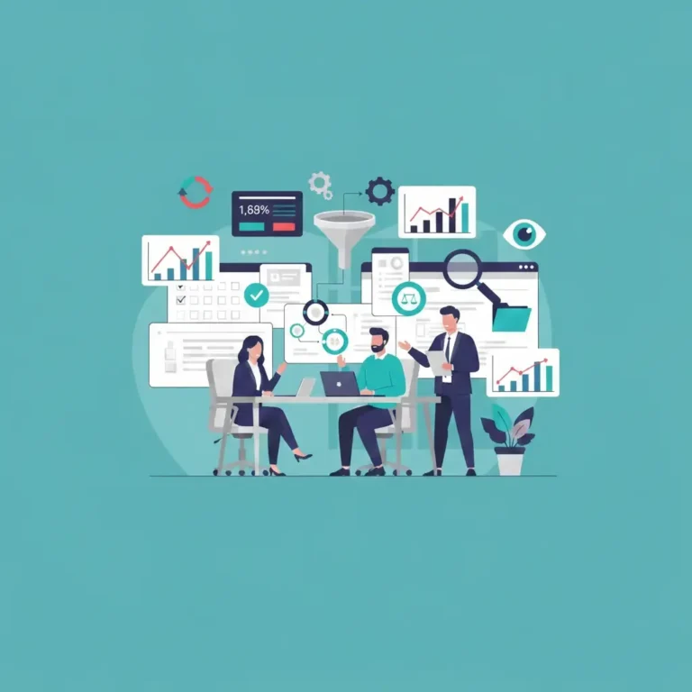 Ilustración de equipo analizando gráficos de rendimiento, embudos de datos y métricas en un panel digital sobre fondo turquesa.