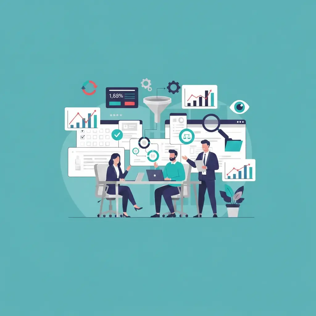 Ilustración de equipo analizando gráficos de rendimiento, embudos de datos y métricas en un panel digital sobre fondo turquesa.