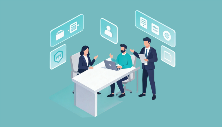 Ilustración de un equipo en oficina moderna trabajando con interfaces digitales y flujos de trabajo sobre fondo turquesa