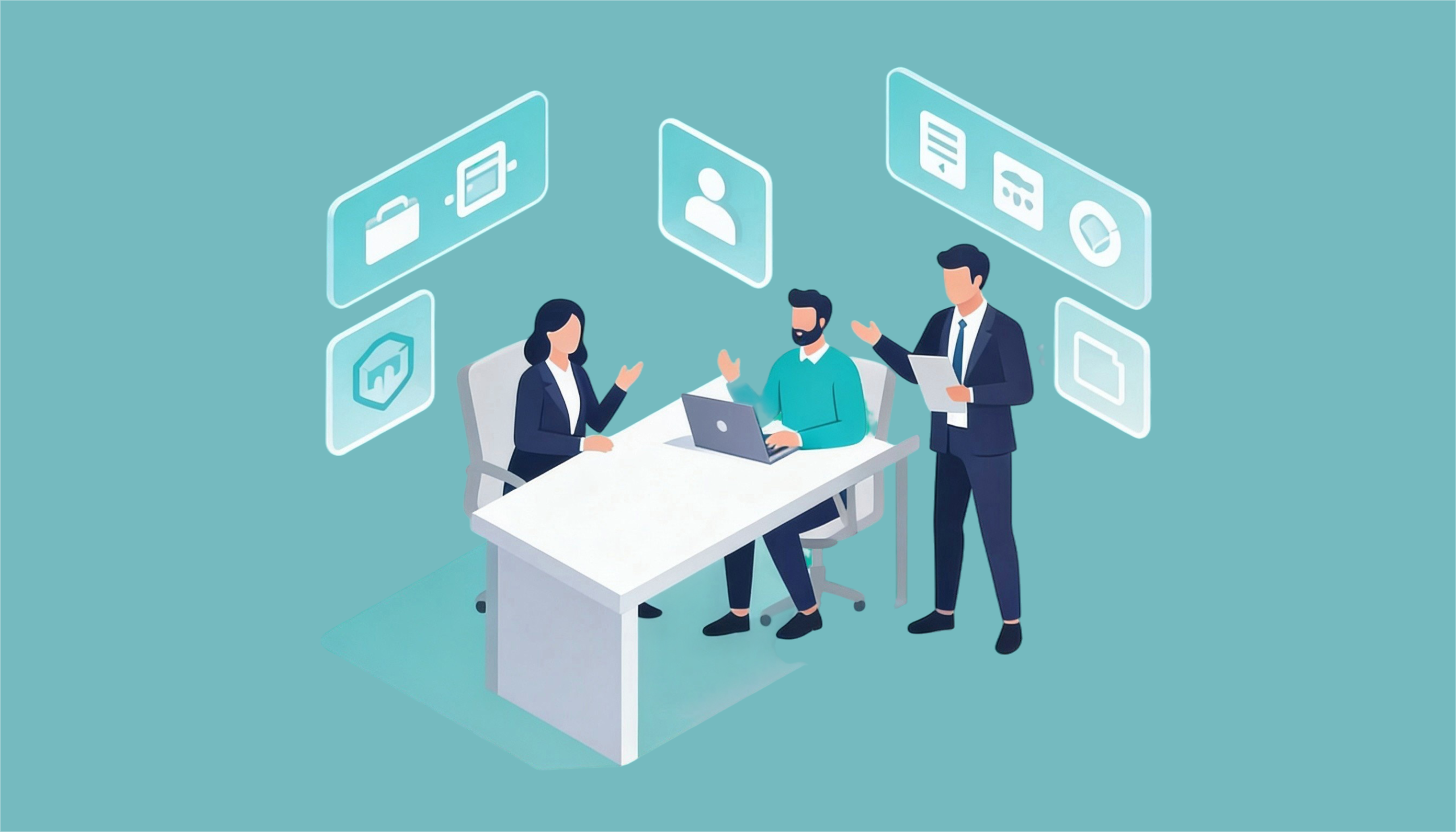 Ilustración de un equipo en oficina moderna trabajando con interfaces digitales y flujos de trabajo sobre fondo turquesa