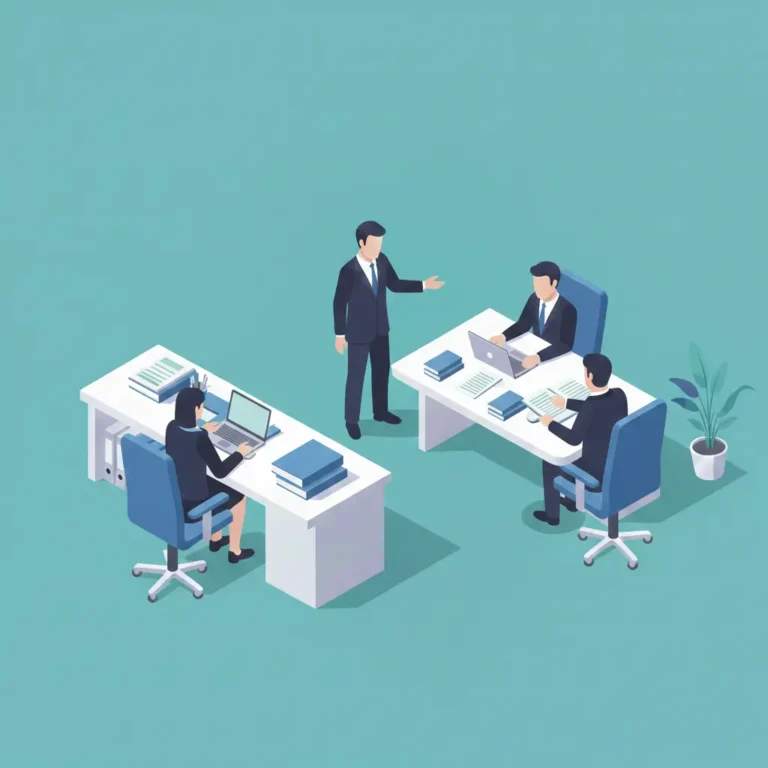 Ilustración isométrica de un equipo de abogados trabajando en un entorno digital moderno y organizado.