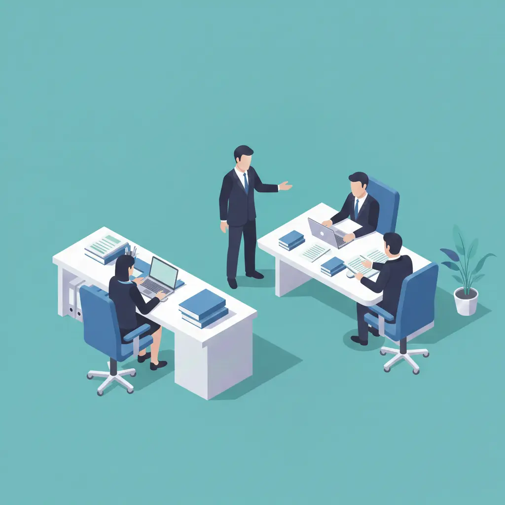 Ilustración isométrica de un equipo de abogados trabajando en un entorno digital moderno y organizado.